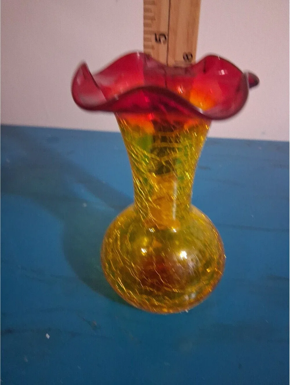 Vintage Crackle Glass Vase with Red and Yellow Gradient